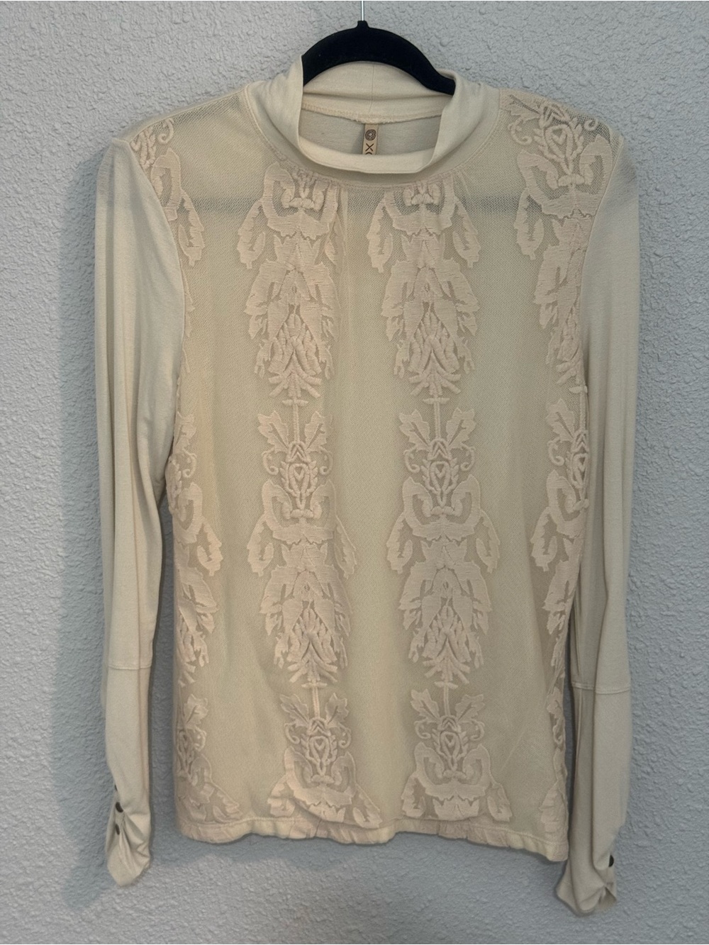 XCVI embroidered mock neck mesh blouse